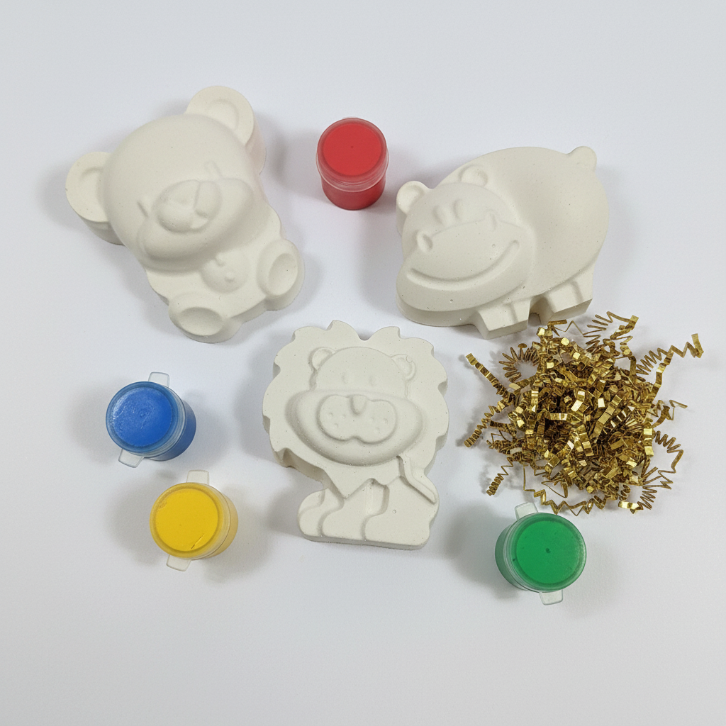 Jungle Set plaster painting kit with bear, hippo, and lion face