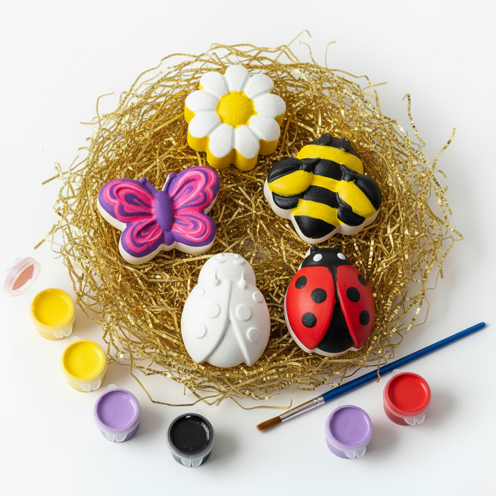 Four painted plaster figures — daisy, butterfly, bee, and ladybug — in a gold crinkle nest with paint pots and a blue paintbrush