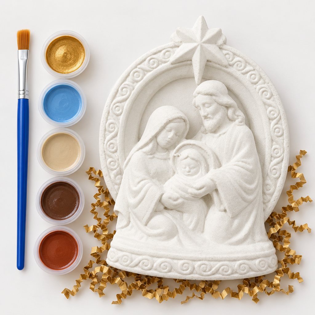 Nativity painting kit out of the bag with five open paint pots